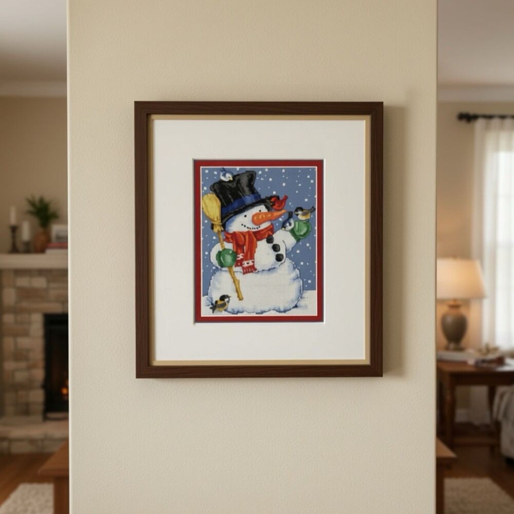 Snowman Cross Stitch Matted Art Work Excellent 7”x8” Exclusive Of Matte Unframed